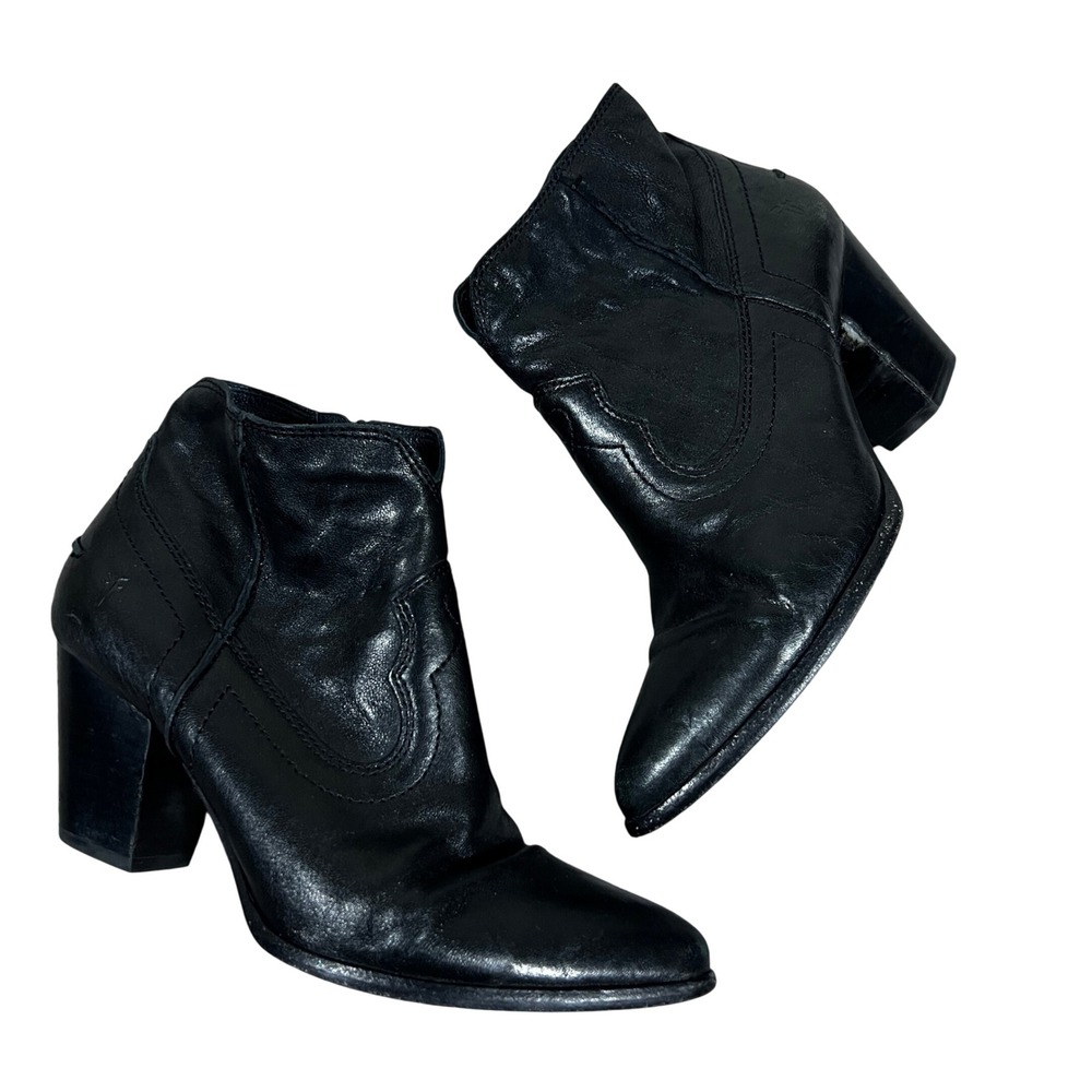 Frye Western Stitch Leather Ankle Booties Black Pointed Toe Block Heel Size 7.5